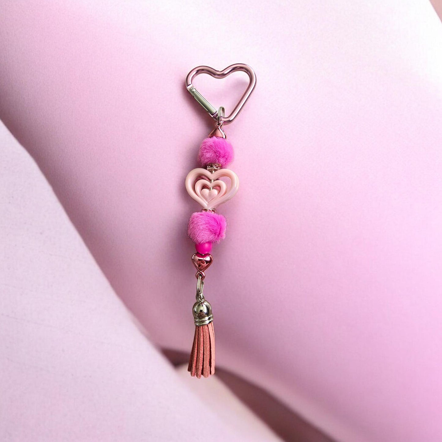 pink heart bag charm with fluffy beads