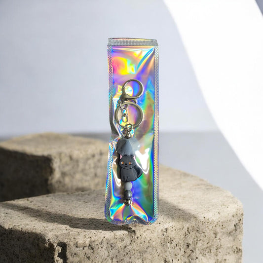 silver keyring with black cat