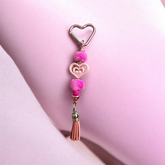 pink heart bag charm with fluffy beads